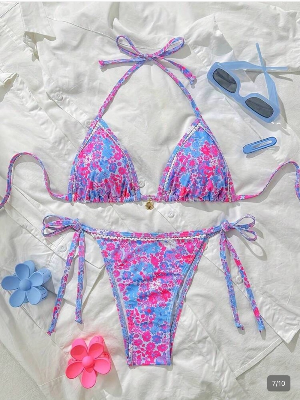 Floral Triangle Bikini Top and Bottom - Pink & Light Blue Size XL , NEW